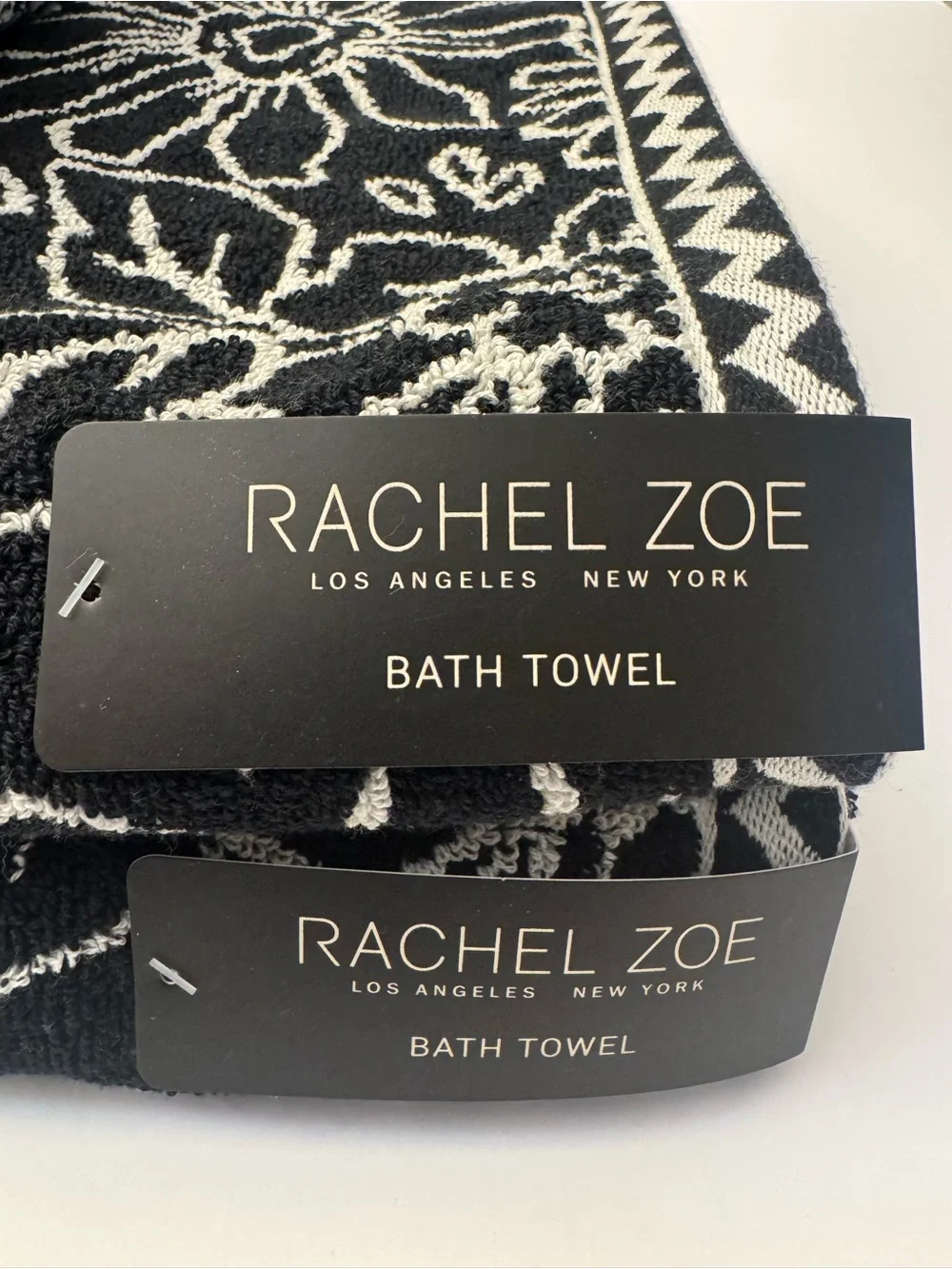💥6pc RACHEL ZOE  Black and Ecru Floral Pattern Reversible Bath Towel Set